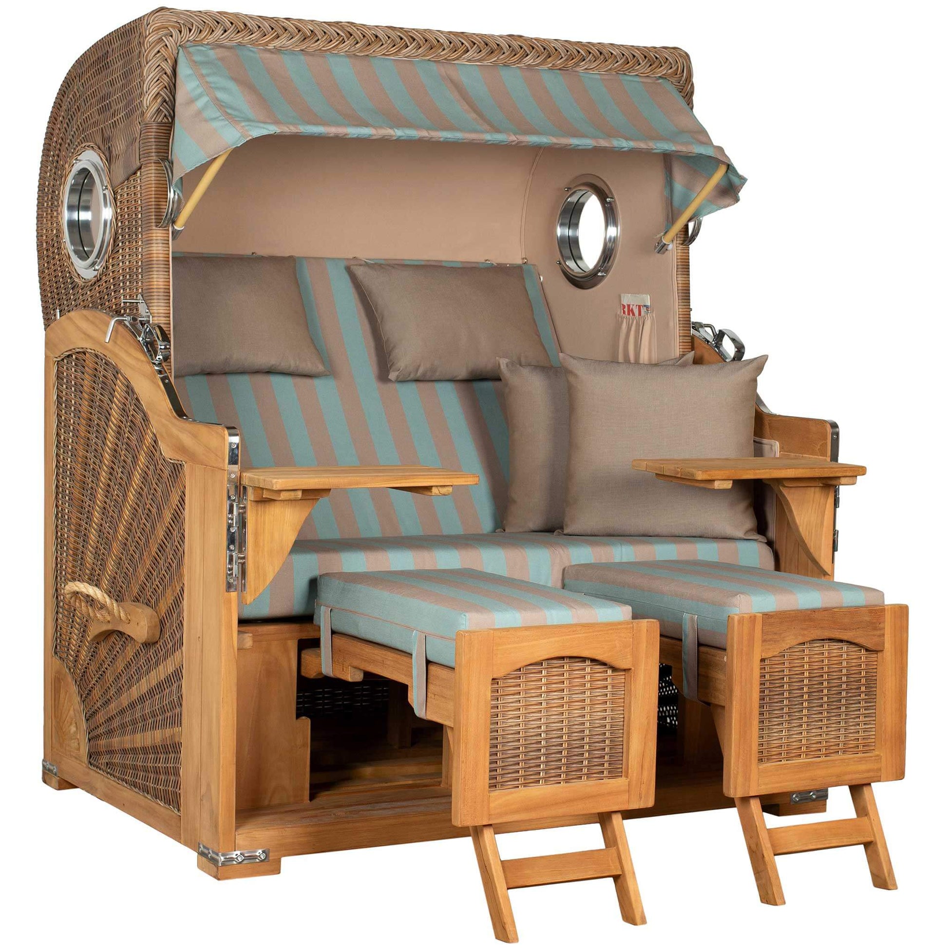 Strandkorb Mr. Deko Düne Grande Bullaugen Teak mit eleganter Polsterung und Holzgestell für 2,5 Personen.