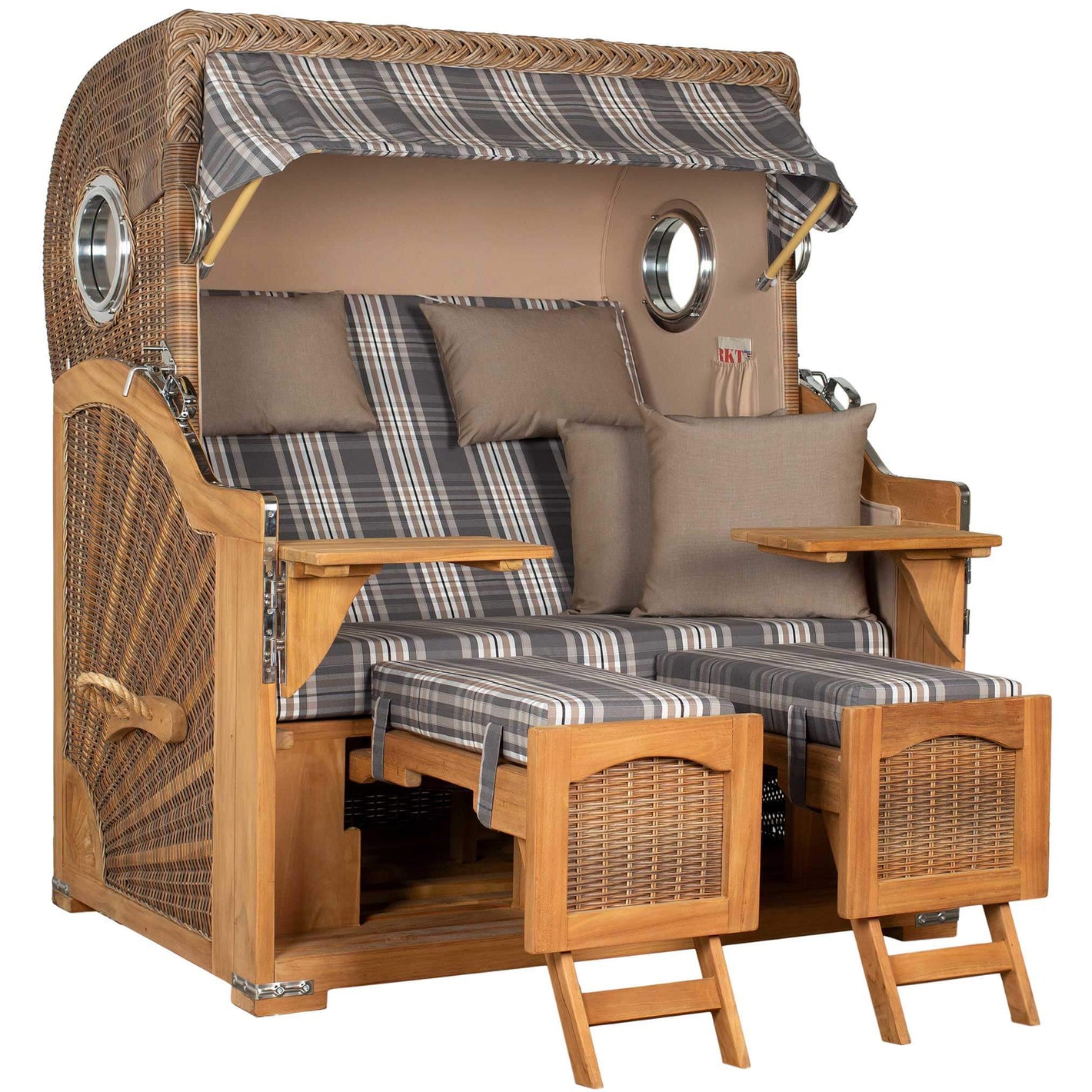 Strandkorb Mr. Deko Düne Grande Bullaugen Teak PE banana 2,5-Sitzer mit gestreiftem Bezug und praktischem Design.