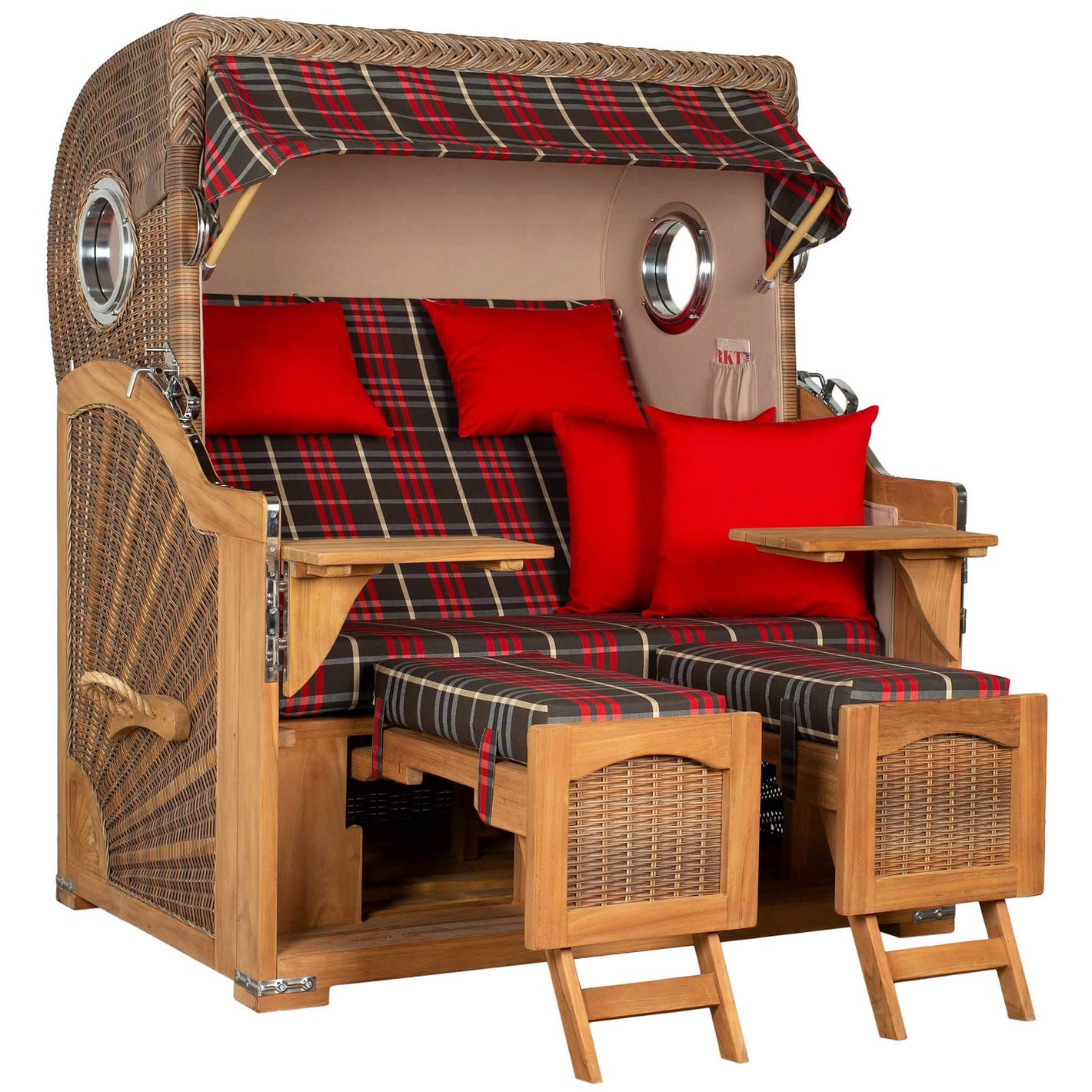 Strandkorb Mr. Deko Düne Grande Bullaugen Teak PE banana 2,5-Sitzer mit roten Kissen und ausziehbaren Fußteilen