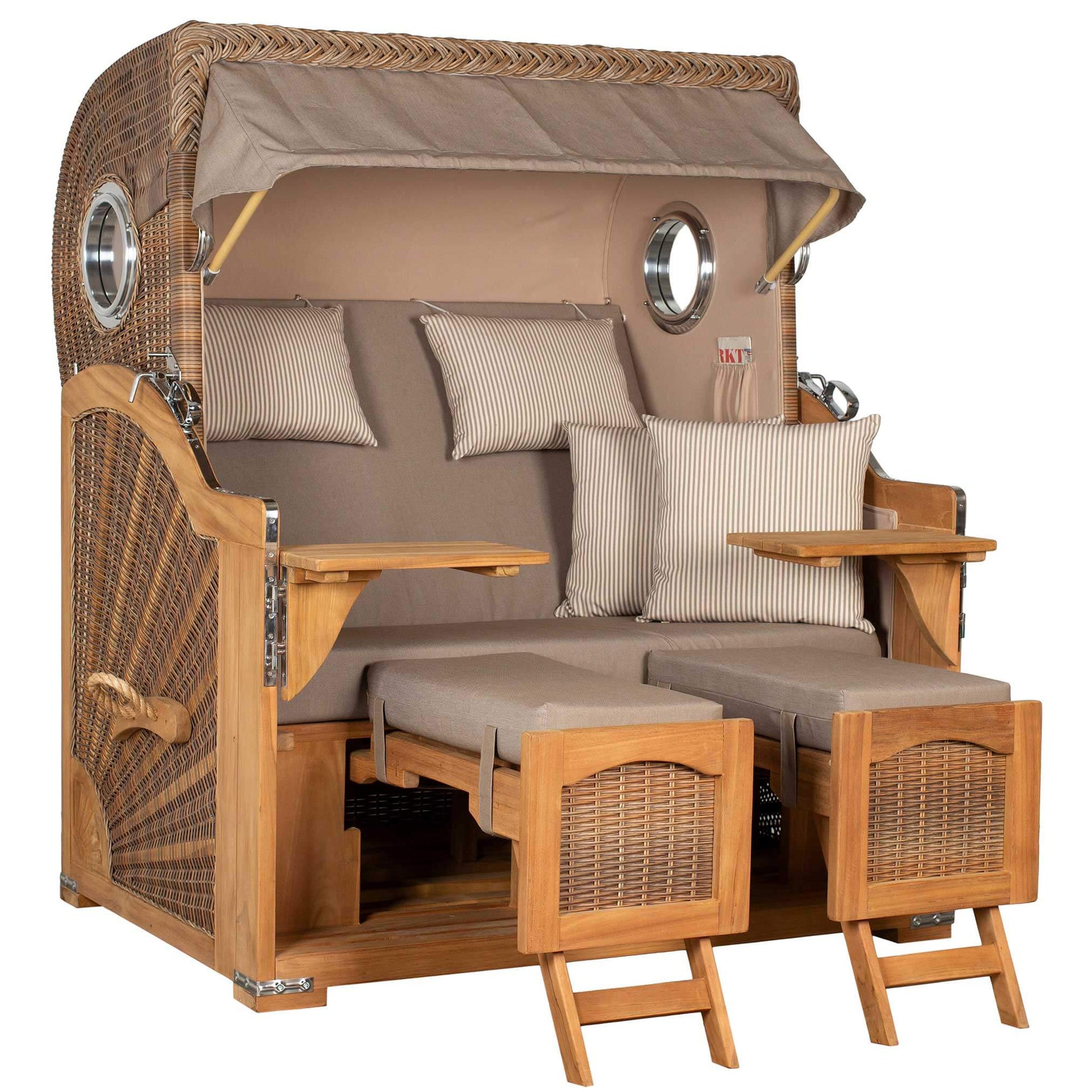 Strandkorb Mr. Deko Düne Grande Bullaugen Teak PE banana 2,5-Sitzer mit Kissen und Ablageflächen.