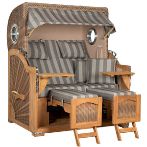 Strandkorb Mr. Deko Düne Grande Bullaugen Teak PE banana 2,5-Sitzer mit gemütlicher Polsterung und ausziehbaren Fußstützen.