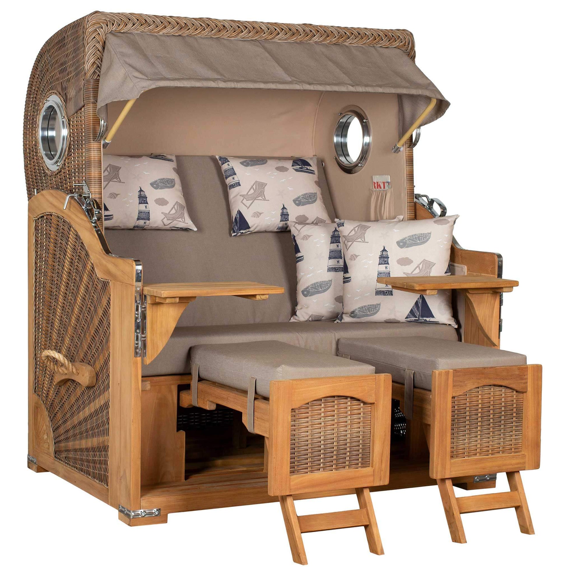 Strandkorb Mr. Deko Düne Grande Bullaugen Teak PE banana 2,5-Sitzer mit stilvollen Kissen und Holzdetails