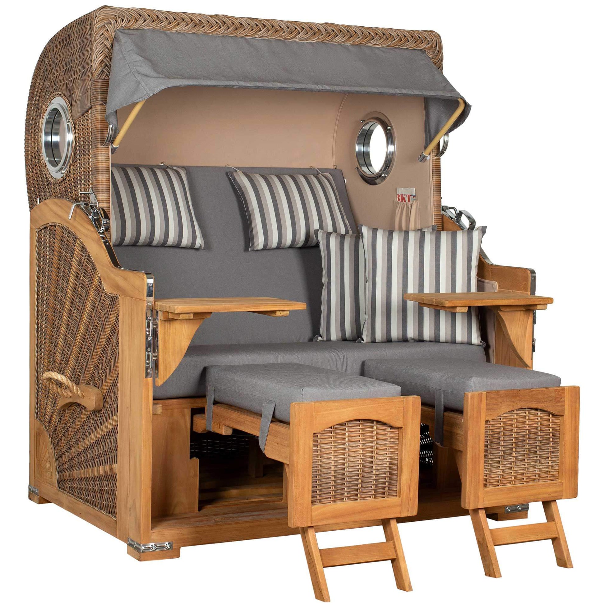 Strandkorb Mr. Deko Düne Grande Bullaugen Teak PE banana 2,5-Sitzer mit grauen Kissen und Holztisch