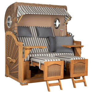 Strandkorb Düne Grande Bullaugen Teak PE banana 2,5-Sitzer mit gemütlichen Kissen und Ausziehtischen.