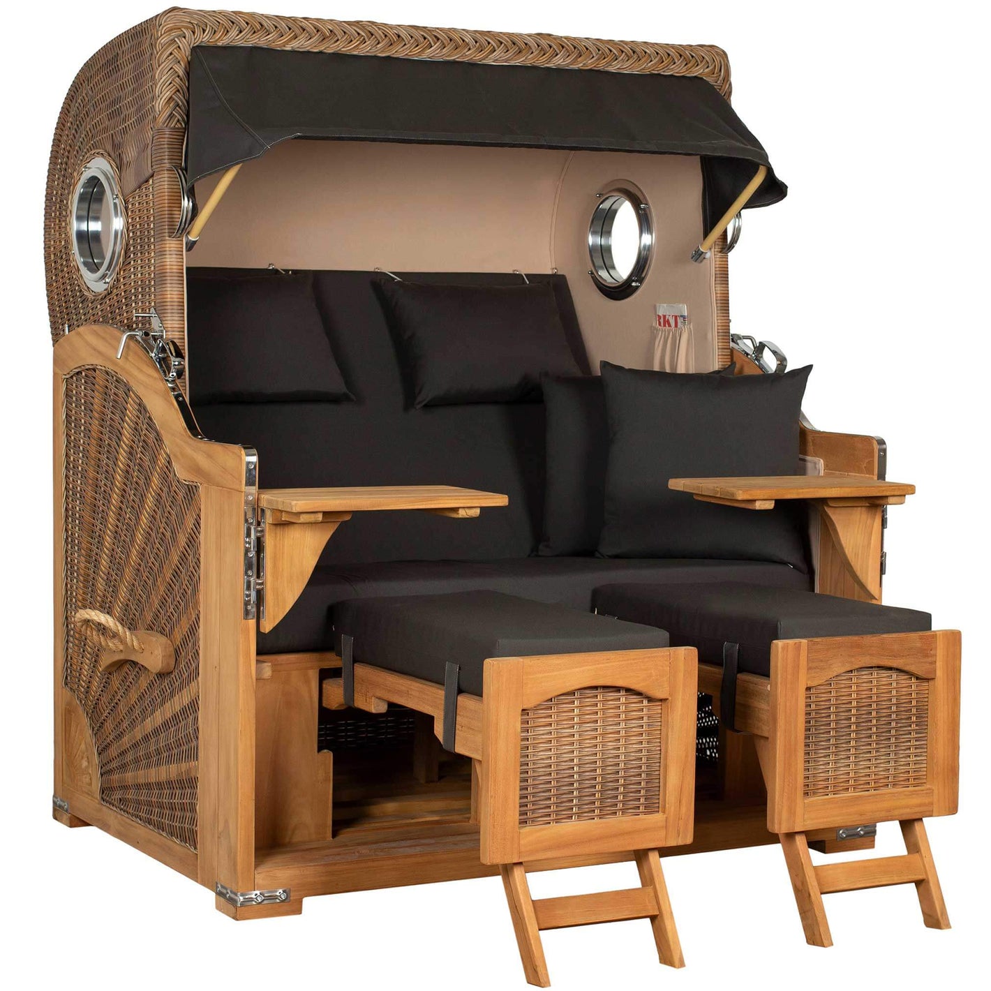 Strandkorb Mr. Deko Düne Grande Bullaugen Teak PE banana 2,5-Sitzer mit komfortablen Sitzplätzen und Tischen.