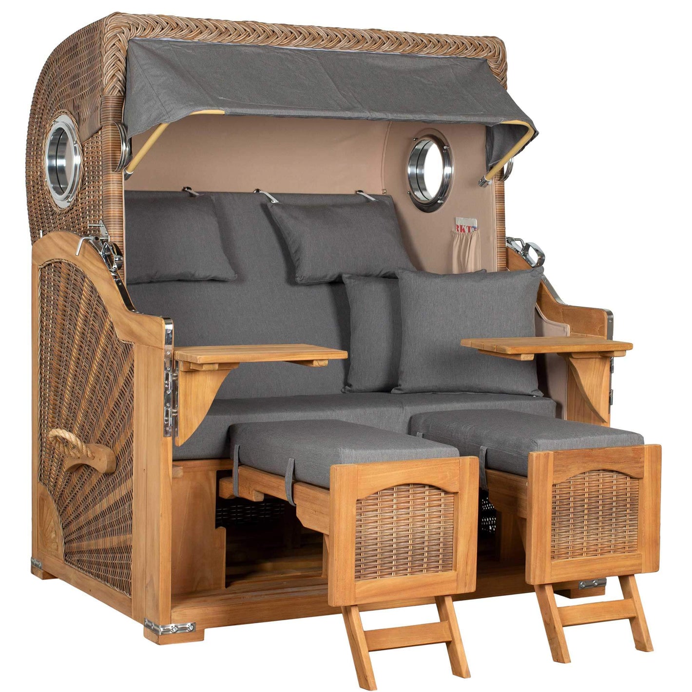 Strandkorb Mr. Deko Düne Grande Bullaugen Teak PE banana 2,5-Sitzer mit elegantem Design und komfortablen Polstern.