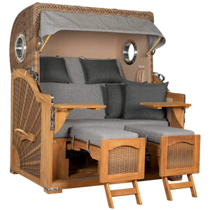 Strandkorb Mr. Deko Düne Grande Bullaugen Teak PE banana 2,5-Sitzer mit gemütlicher Polsterung und ausziehbaren Fußbänkchen.