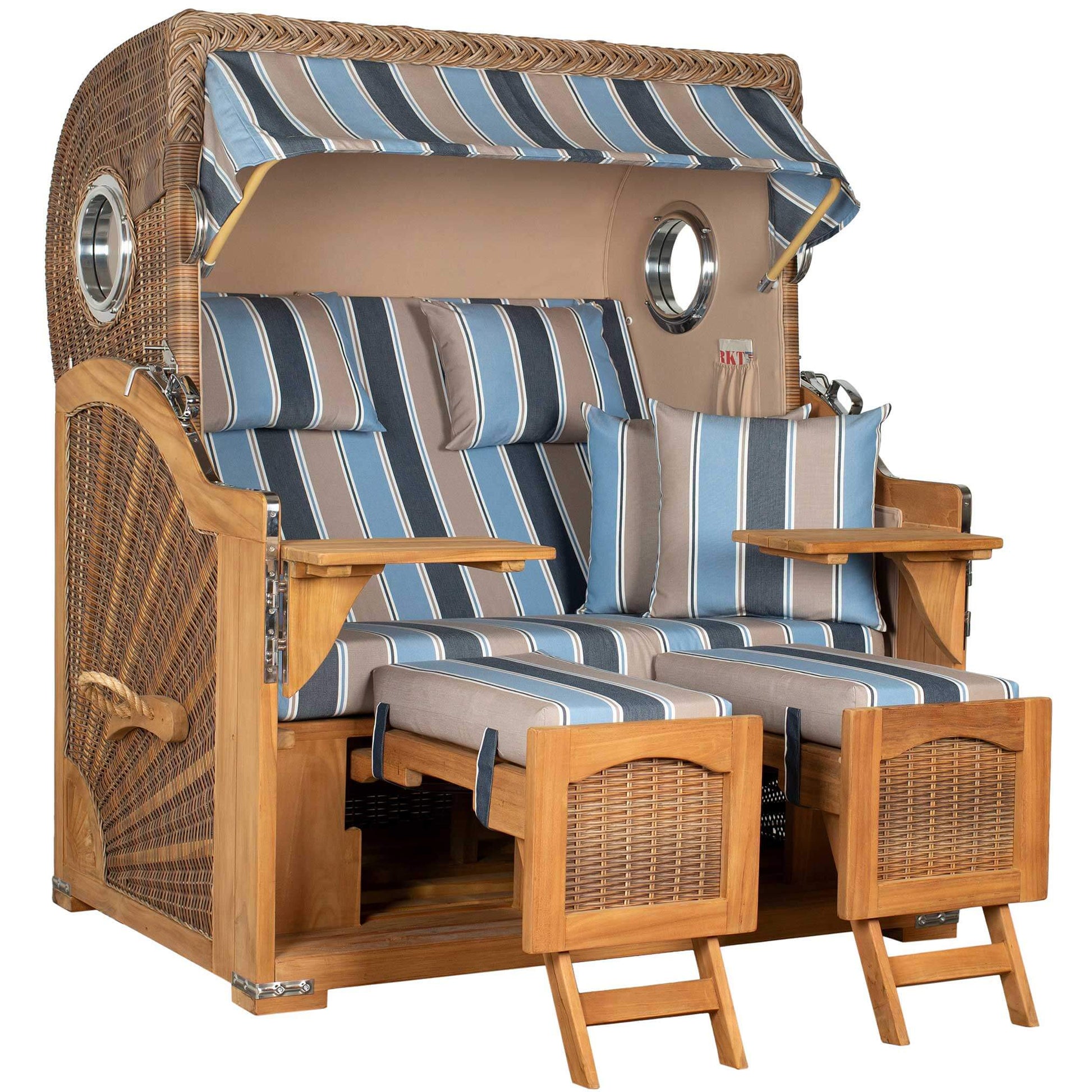 Strandkorb Mr. Deko Düne Grande Bullaugen Teak PE banana 2,5-Sitzer mit eleganten Kissen und Holzstruktur.