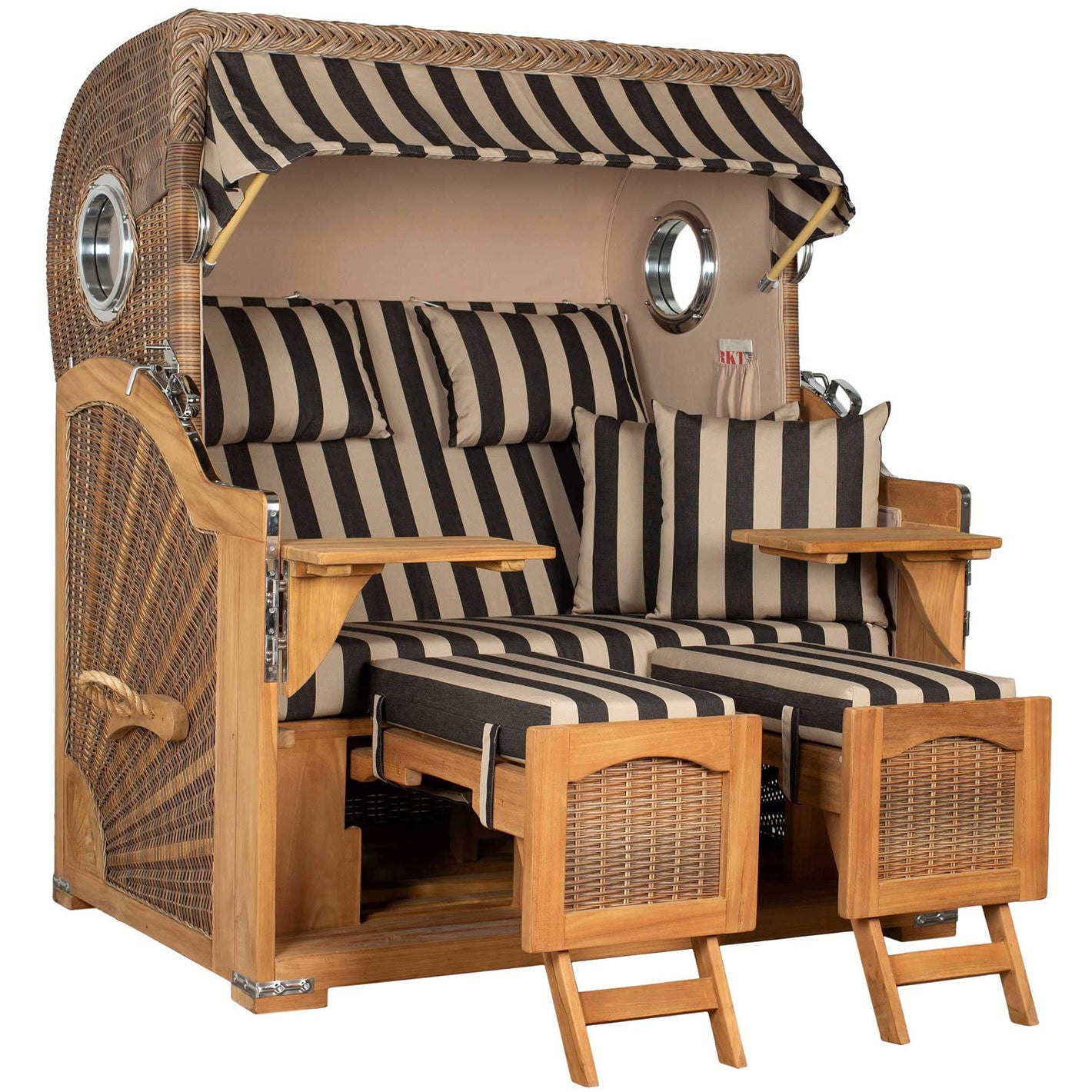 Strandkorb Düne Grande Bullaugen Teak PE banana 2,5-Sitzer mit komfortablen Polstern und Stripes