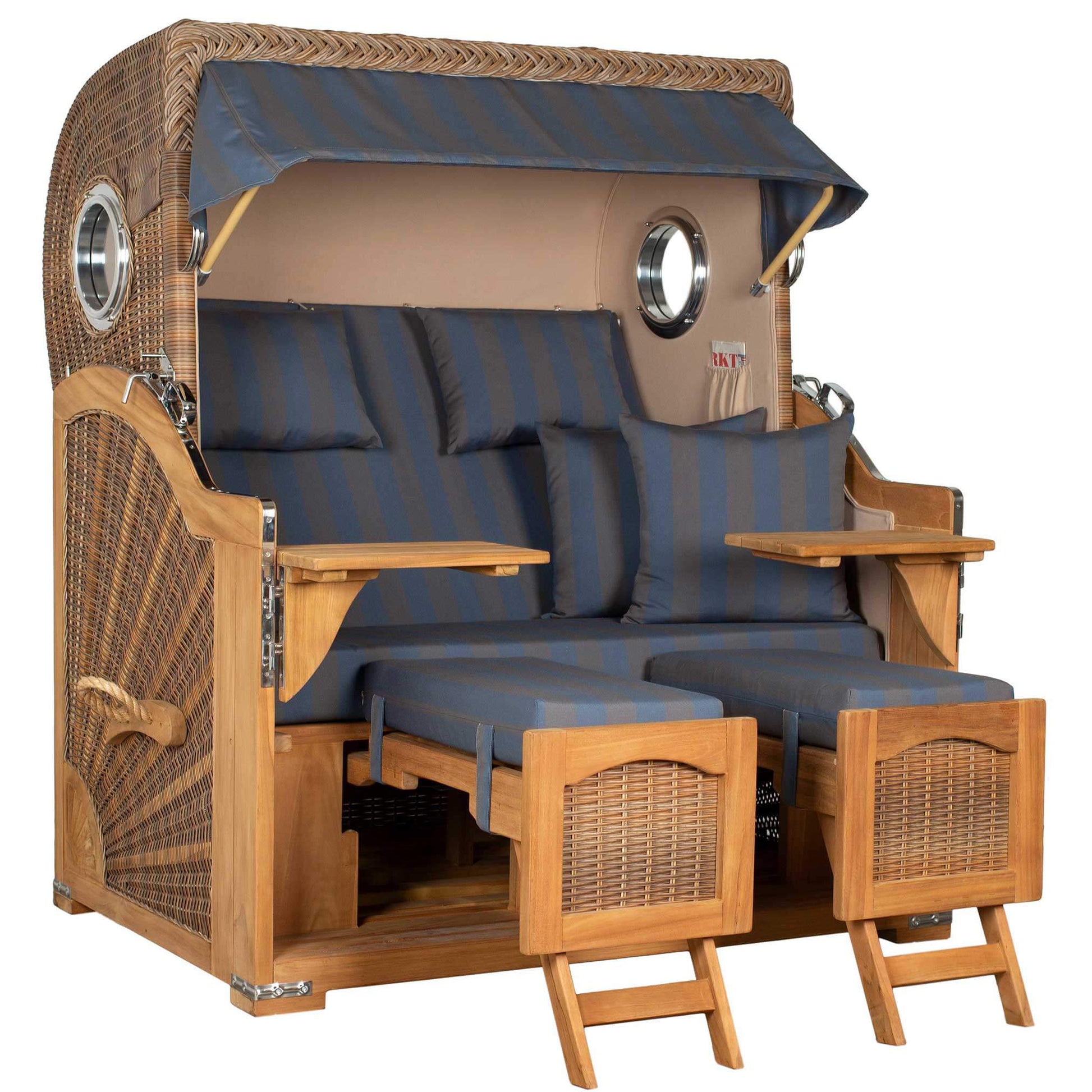 Strandkorb Düne - eleganter 2,5-Sitzer mit Bullaugen in blau anthrazit und Teakholzdesign, inkl. Lifter und Rollen.
