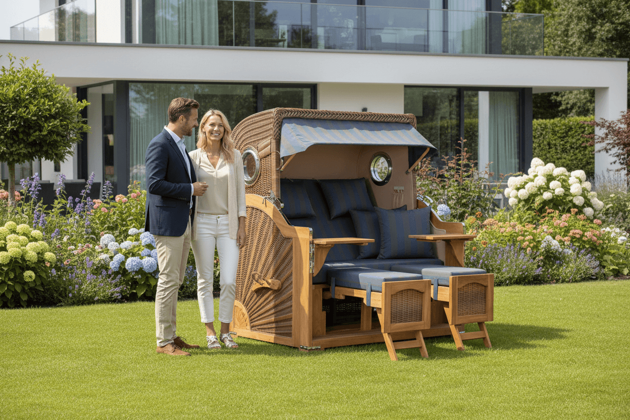 Strandkorb Düne Grande 2,5 Sitzer Teak mit Bullaugen und blauen Polstern im Garten vor modernem Haus