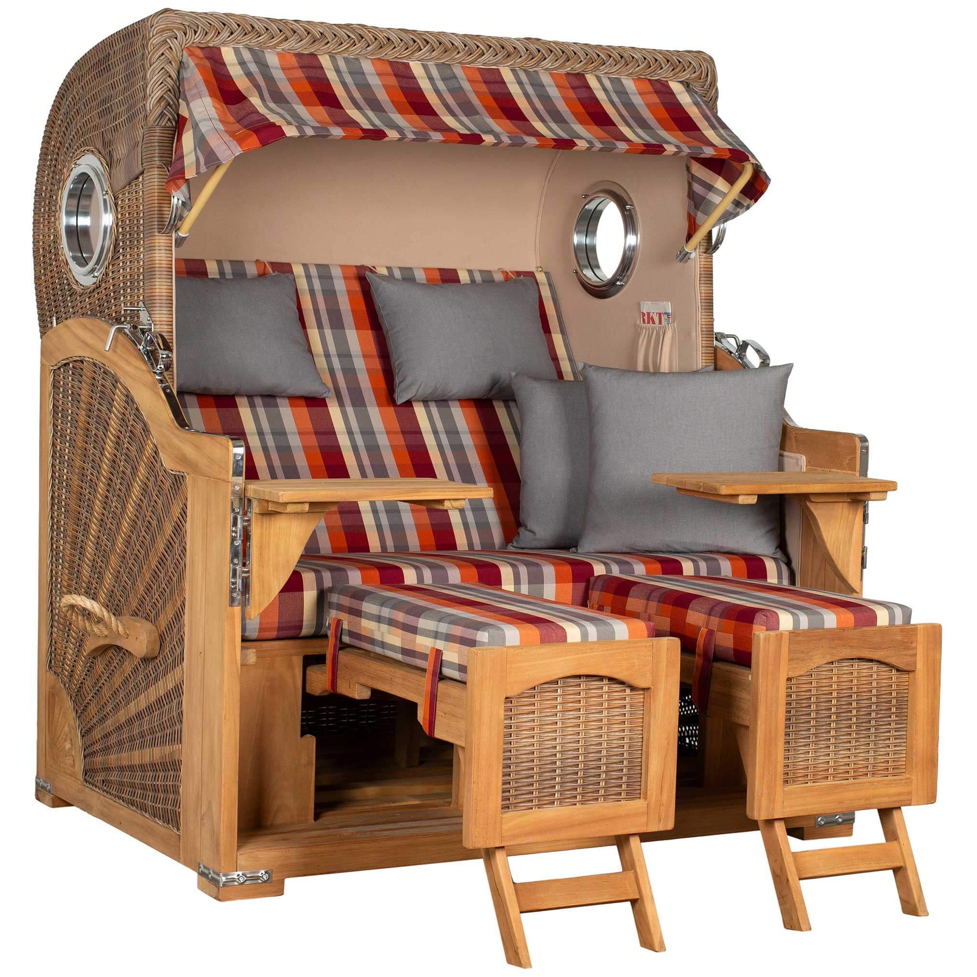 Strandkorb Düne Grande Bullaugen Teak PE banana 2,5-Sitzer mit bequemen Kissen und Tisch, ideal für Terrasse.