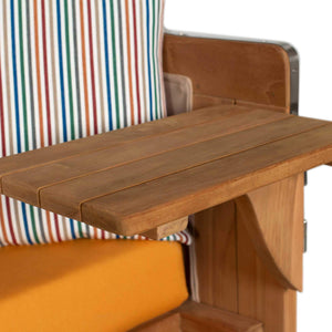 Strandkorb Düne Grande Bullaugen Teak PE banana 2,5-Sitzer detail mit Holzablage und bunten Streifenpolstern