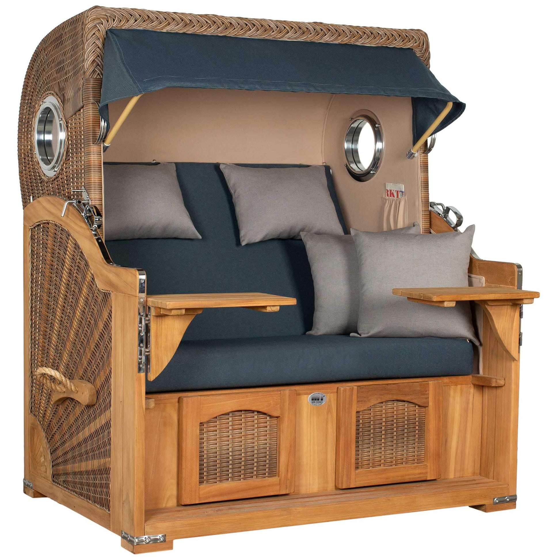 Strandkorb Mr. Deko Düne Grande Bullaugen Teak PE banana 2,5-Sitzer in anthrazit mit gemütlicher Polsterung.