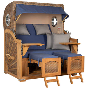 Strandkorb Düne Grande Bullaugen Teak PE banana 2,5-Sitzer mit Kissen und Ausziehbaren Fußstützen.