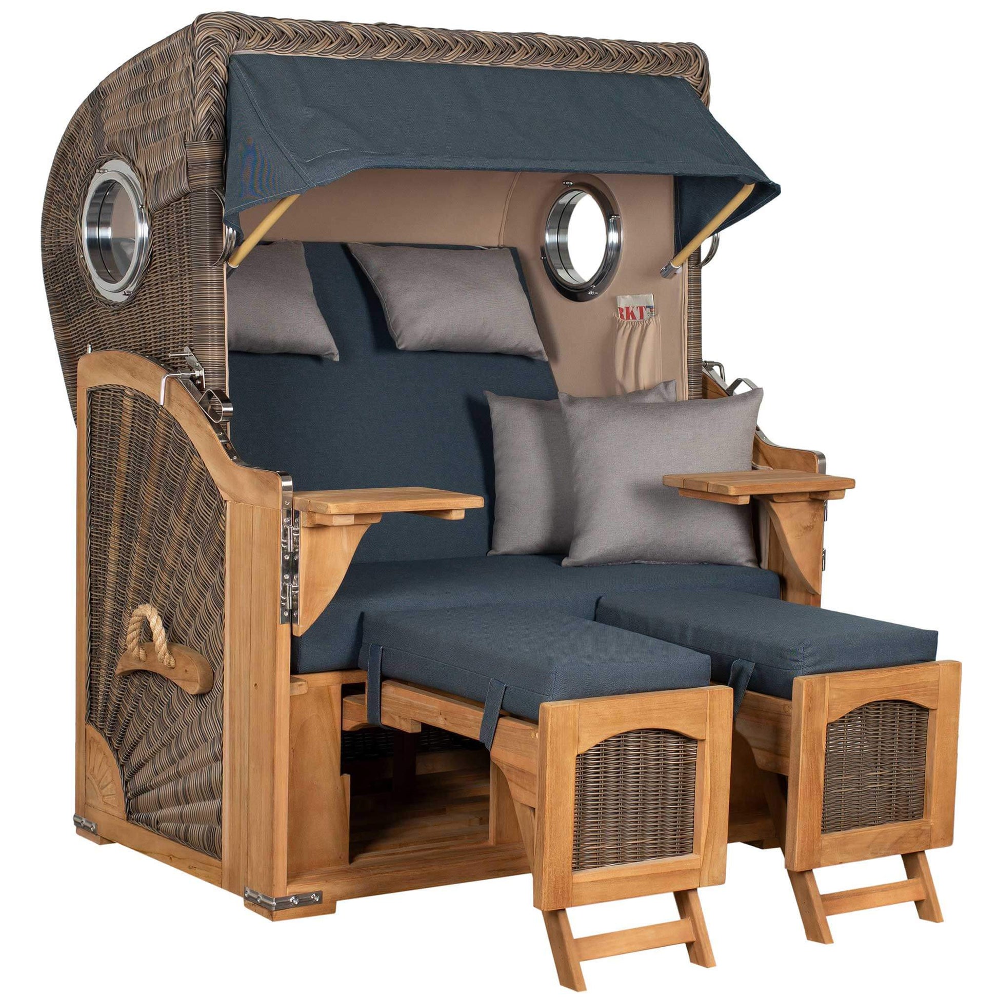 Strandkorb Düne 2-Sitzer in grey mit Teak-Holz und Bullaugen-Design für stilvolles Sitzen und gemütlichen Komfort.