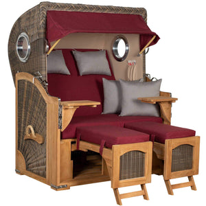 Strandkorb Mr. Deko Düne Grande 2,5 Sitzer Bullaugen Teak PE grey mit eleganten Kissen und klappbaren Tischchen.