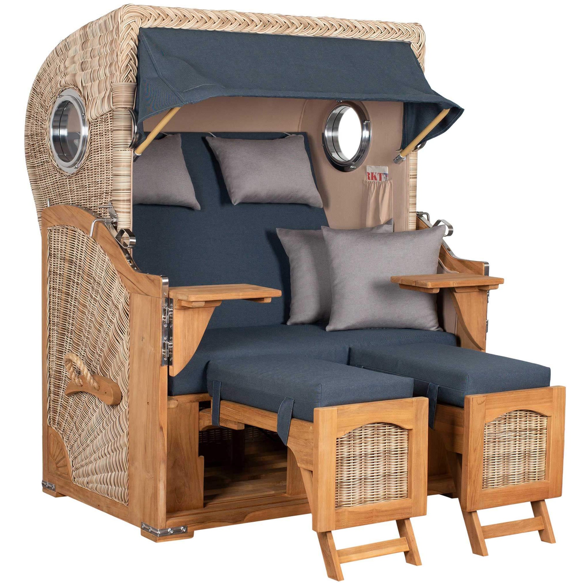 Strandkorb Mr. Deko Düne Grande 2,5 Sitzer Bullaugen aus Teak mit PE shell für komfortable Entspannung.