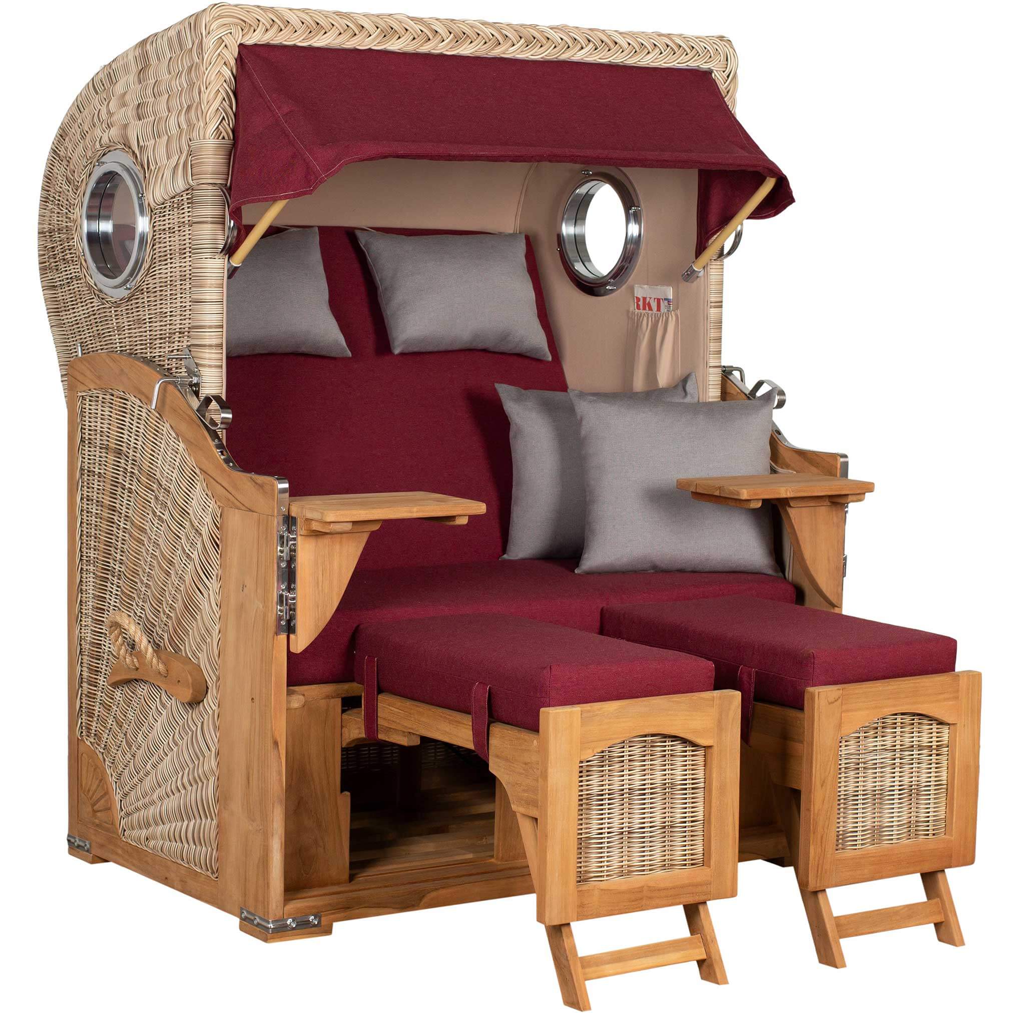 Strandkorb Mr. Deko Düne Grande 2,5 Sitzer Bullaugen Teak PE shell mit gemütlichen Kissen und Holzdetails.