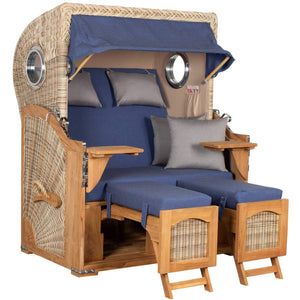 Strandkorb Düne Bullaugen Teak PE shell Zweisitzer mit bequemen Polstern und maritimer Ausstrahlung