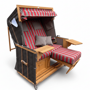 Strandkorb Eiderstedter Typ 3 Deich, 140 cm, Breitgeflecht cappuccino mit roten Streifenpolstern und Lärchenholz