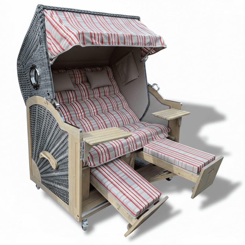 7024 Strandkorb Prieß Modell Meister, Foto zeigt Lärche Holz Vintage grau lasiert, PE Geflecht dunkelgrau, Größe wählbar, Stoffdessin wie abgebildet