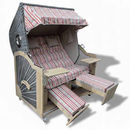 7024 Strandkorb Prieß Modell Meister, Foto zeigt Lärche Holz Vintage grau lasiert, PE Geflecht dunkelgrau, Größe wählbar, Stoffdessin wie abgebildet