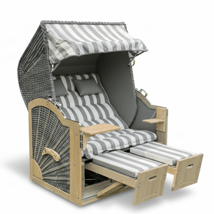 7025 Strandkorb Prieß Modell Meister, Foto zeigt Lärche Holz Vintage grau lasiert, PE Geflecht dunkelgrau, Größe wählbar, Stoffdessin wie abgebildet