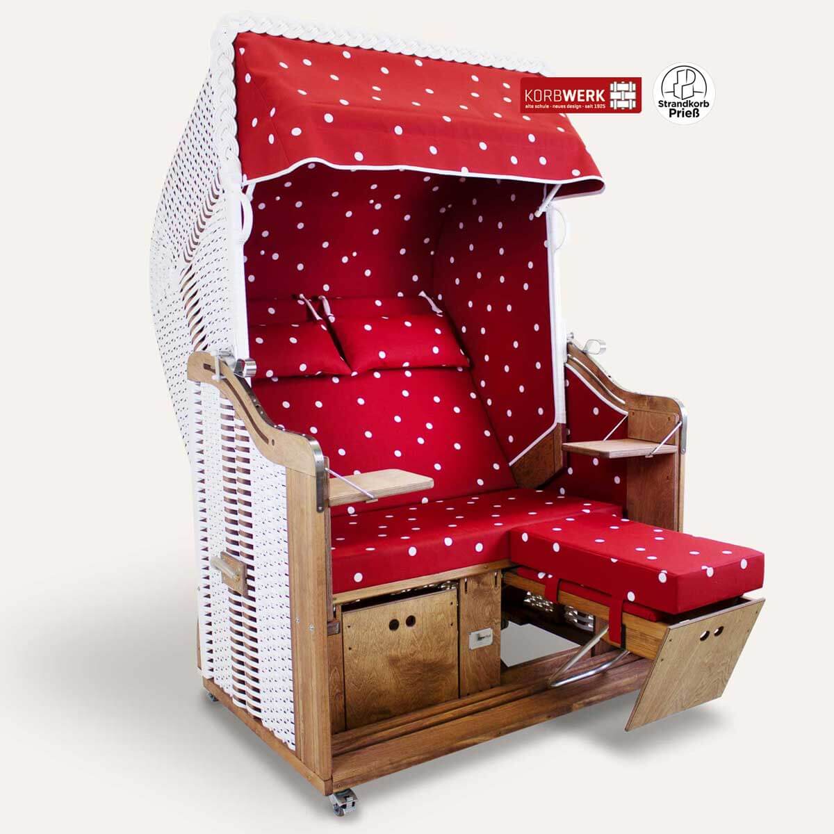 Strandkorb Fliegenpilz mit roten Punkten, Zweisitzer, Design mit PVC und Markisenstoff, 125x165x89 cm