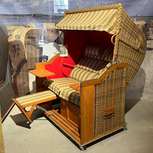 Strandkorb Sonnenpartner Modell Classic XL PE maronet, Holz lasiert, Dessin Banda sand uni rot