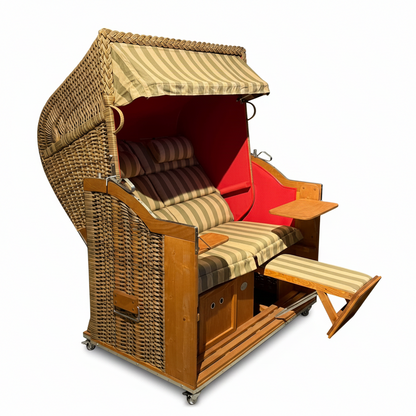 Strandkorb Sonnenpartner Modell Classic XL PE maronet, Holz lasiert, Dessin Banda sand uni rot