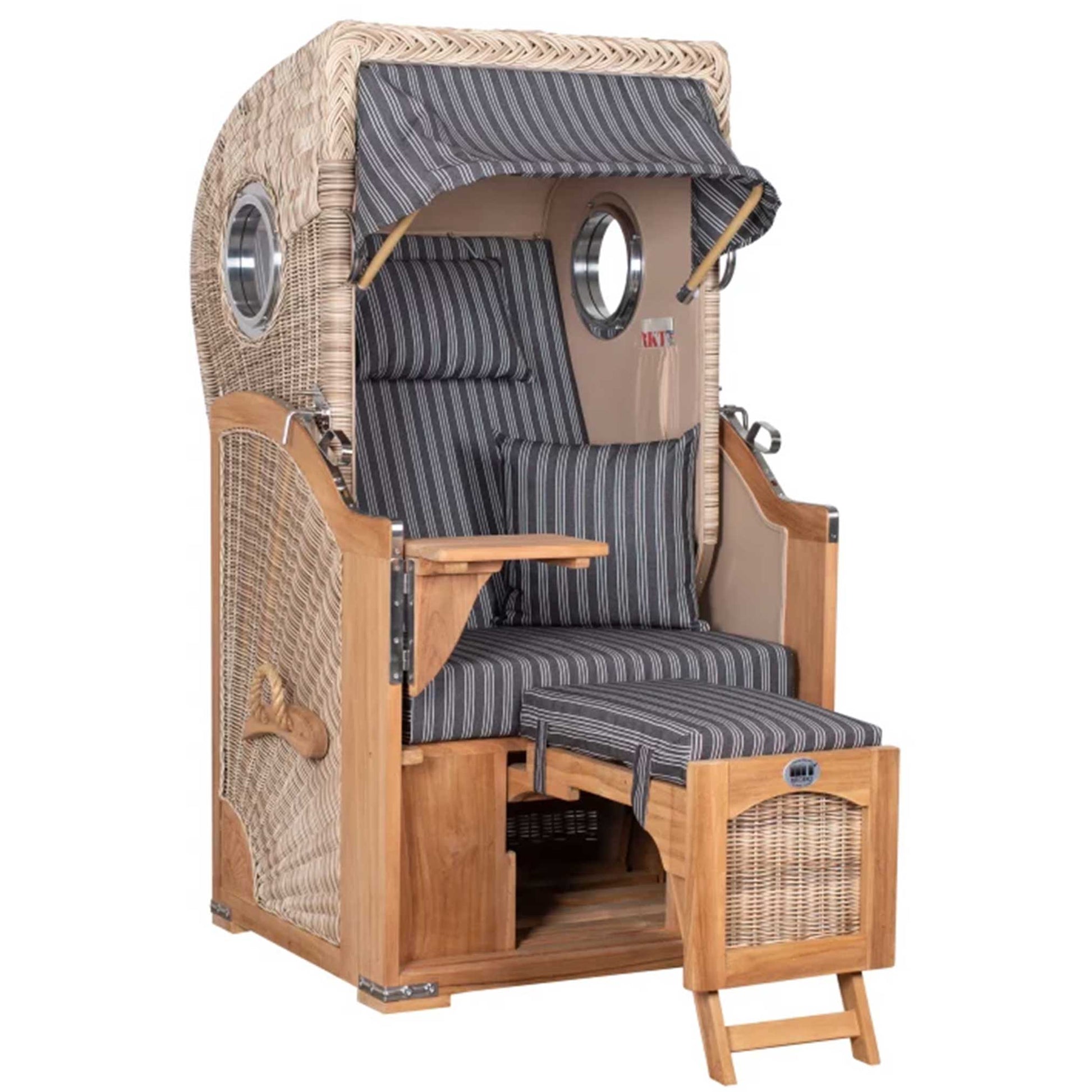 Strandkorb Mr. Deko Düne Bullaugen Teak PE-shell 1-Sitzer mit komfortablem Design und hochwertiger Verarbeitung.