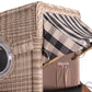 Strandkorb Düne Bullaugen Teak PE-shell 1-Sitzer mit kariertem Sonnendach in Beige-Schwarz, Detailansicht Geflecht und Innenfach