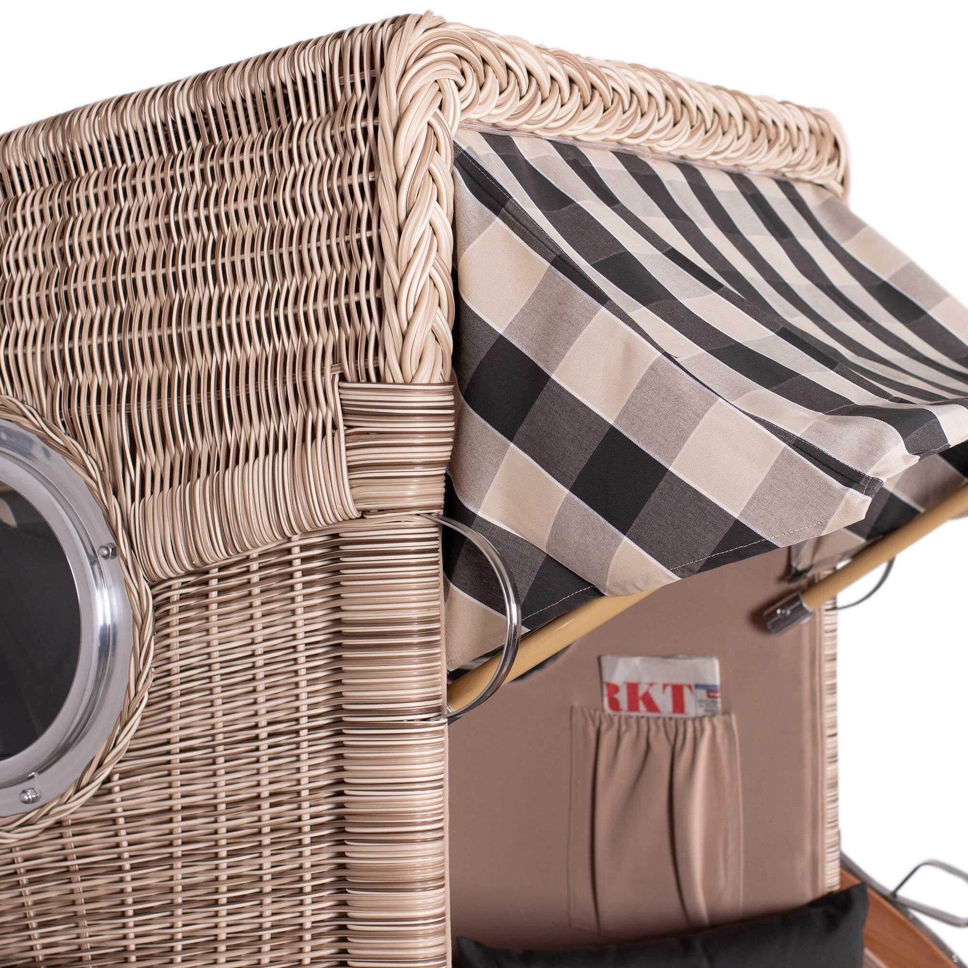Strandkorb Düne Bullaugen Teak PE-shell 1-Sitzer mit kariertem Sonnendach in Beige-Schwarz, Detailansicht Geflecht und Innenfach