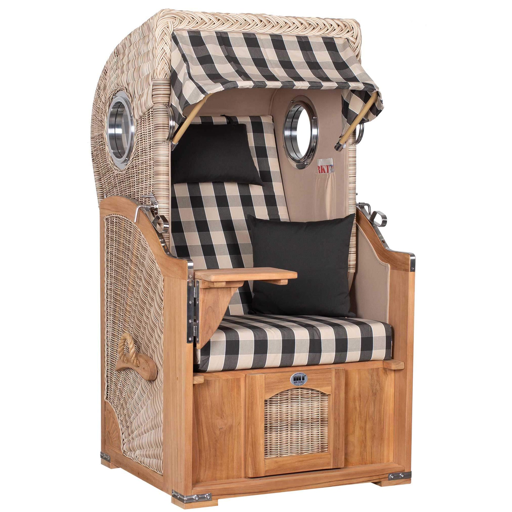 Strandkorb Mr. Deko Düne Bullaugen Teak PE-shell 1-Sitzer mit Karo-Polsterung für Terrasse und Balkon