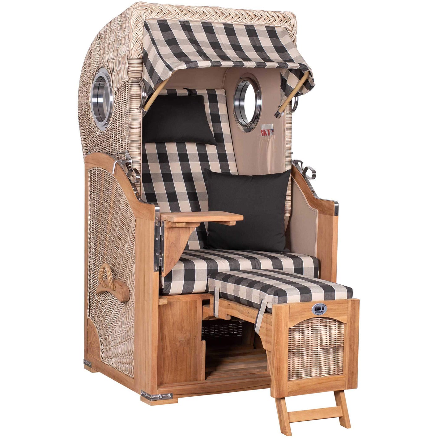 Strandkorb Mr. Deko Düne Bullaugen Teak PE-shell 1-Sitzer Dessin 505 mit ausziehbarer Fußstütze und klappbarem Seitentisch