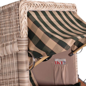 Strandkorb Mr. Deko Düne Bullaugen Teak PE-shell 1-Sitzer mit grün-beiger Markise und Zeitungstasche Detailansicht