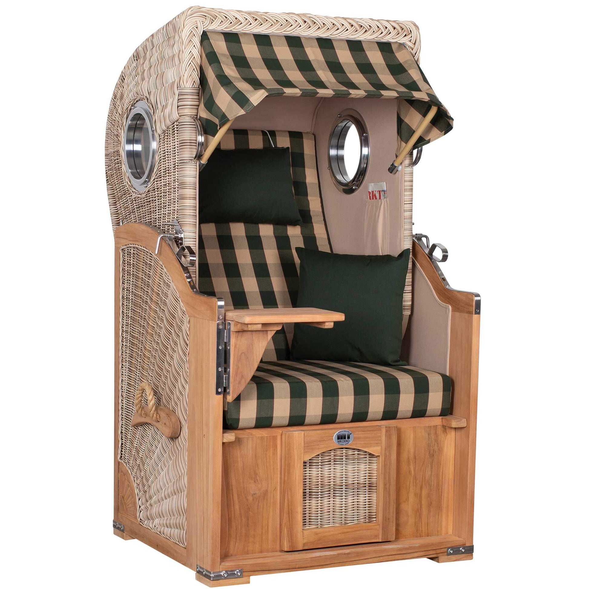 Strandkorb Mr. Deko Düne Bullaugen 1-Sitzer aus Teakholz und PE-Geflecht shell mit grün kariertem Polster Dessin 506