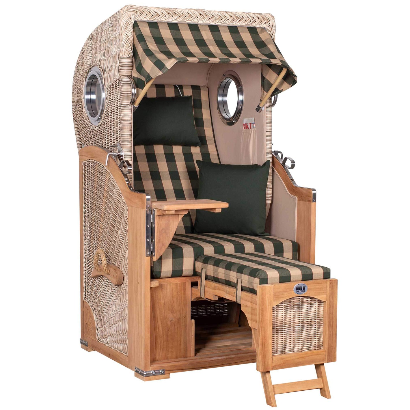 Strandkorb Mr. Deko Düne Bullaugen Teak PE-shell 1-Sitzer mit grün-beiger Karo-Polsterung für Terrasse oder Balkon