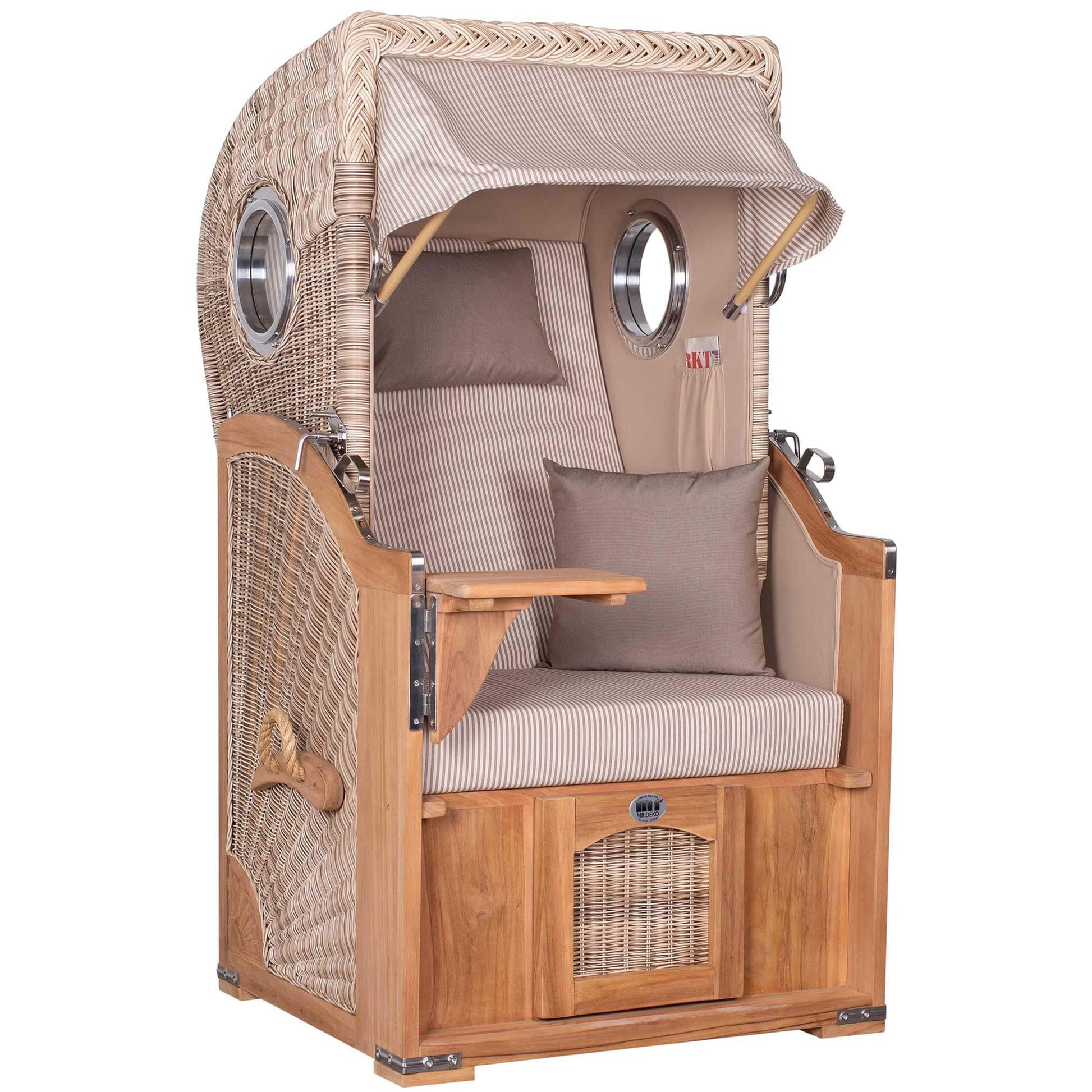 Strandkorb Mr. Deko Düne 1-Sitzer aus Teak mit Bullaugen und PE-shell Geflecht, maritimer Premium-Strandkorb für kleine Terrassen
