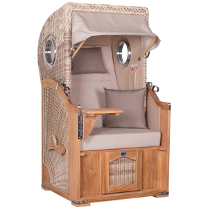 Strandkorb Mr. Deko Düne 1-Sitzer aus Teak mit Bullaugen und PE-shell Geflecht, maritimer Premium-Strandkorb für kleine Terrassen