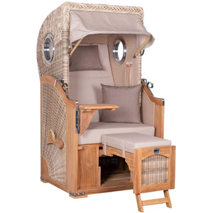 Strandkorb Mr. Deko Düne Bullaugen Teak PE-shell 1-Sitzer Dessin 510 für kleine Terrassen, maritimer Einsitzer in Beige