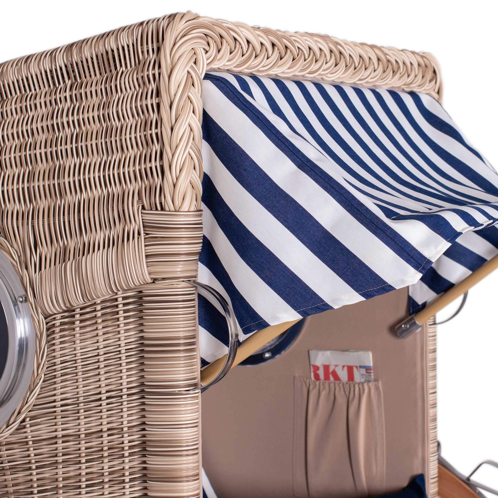 Strandkorb Mr. Deko Düne mit Bullaugen aus Teak und PE-Geflecht, Detailansicht blau-weiß gestreiftes Sonnendach, 1-Sitzer Dessin 518