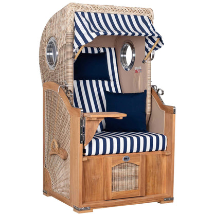 Strandkorb Mr. Deko Düne Bullaugen Teak PE-shell 1-Sitzer mit blau-weißen Streifenpolstern für Balkon und Terrasse
