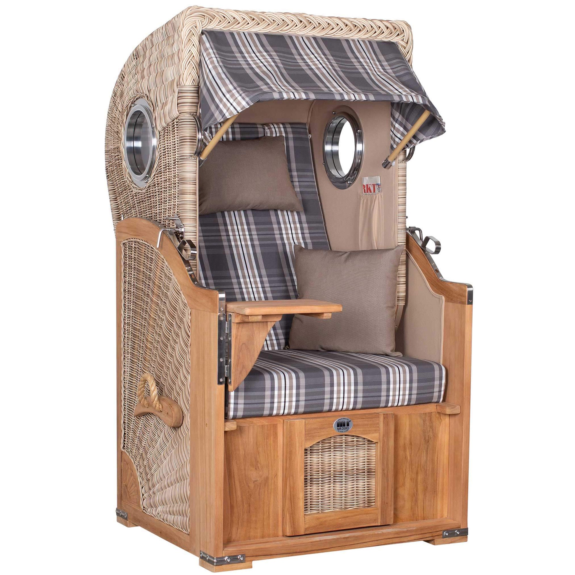 Strandkorb Mr. Deko Düne Bullaugen Teak PE-shell 1-Sitzer mit grauem Karomuster für Balkon und Terrasse