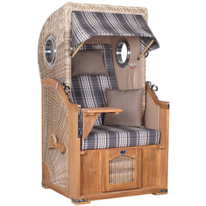 Strandkorb Mr. Deko Düne Bullaugen Teak PE-shell 1-Sitzer mit grauem Karomuster für Balkon und Terrasse