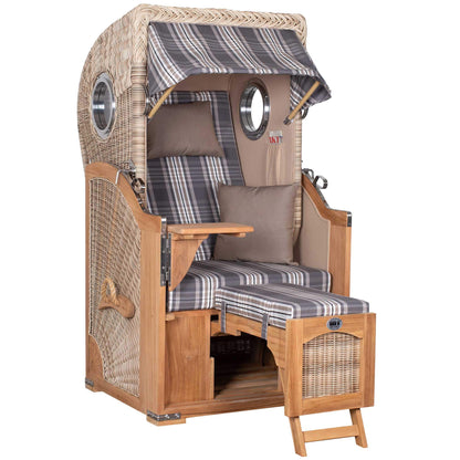 Strandkorb Mr. Deko Düne Bullaugen Teak PE-shell 1-Sitzer Dessin 522 mit maritimem Design für kleine Terrassen