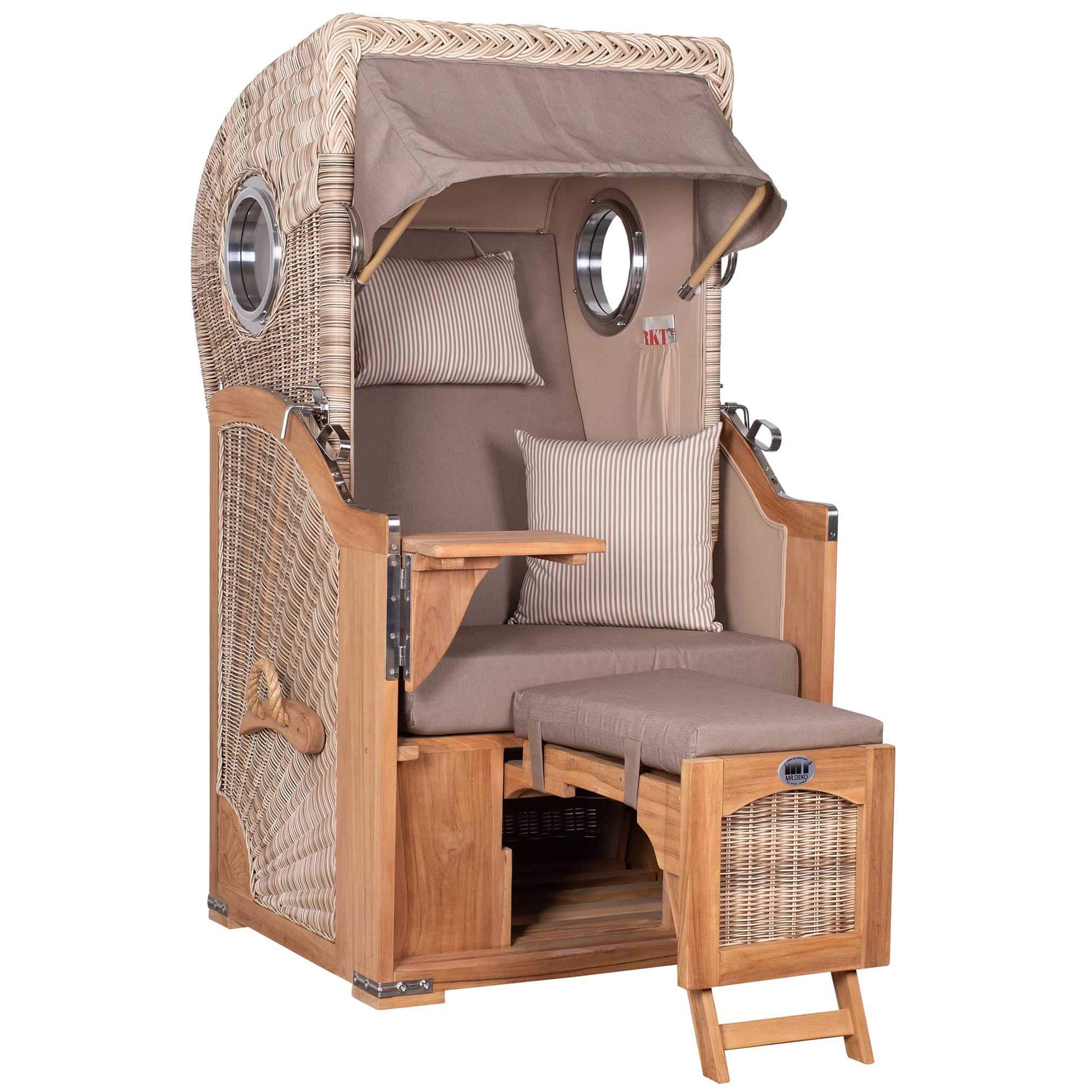 Strandkorb Mr. Deko Düne 1-Sitzer aus Teak mit Bullaugen und PE-Geflecht shell für Terrasse, maritimer Premium Strandkorb Dessin 534