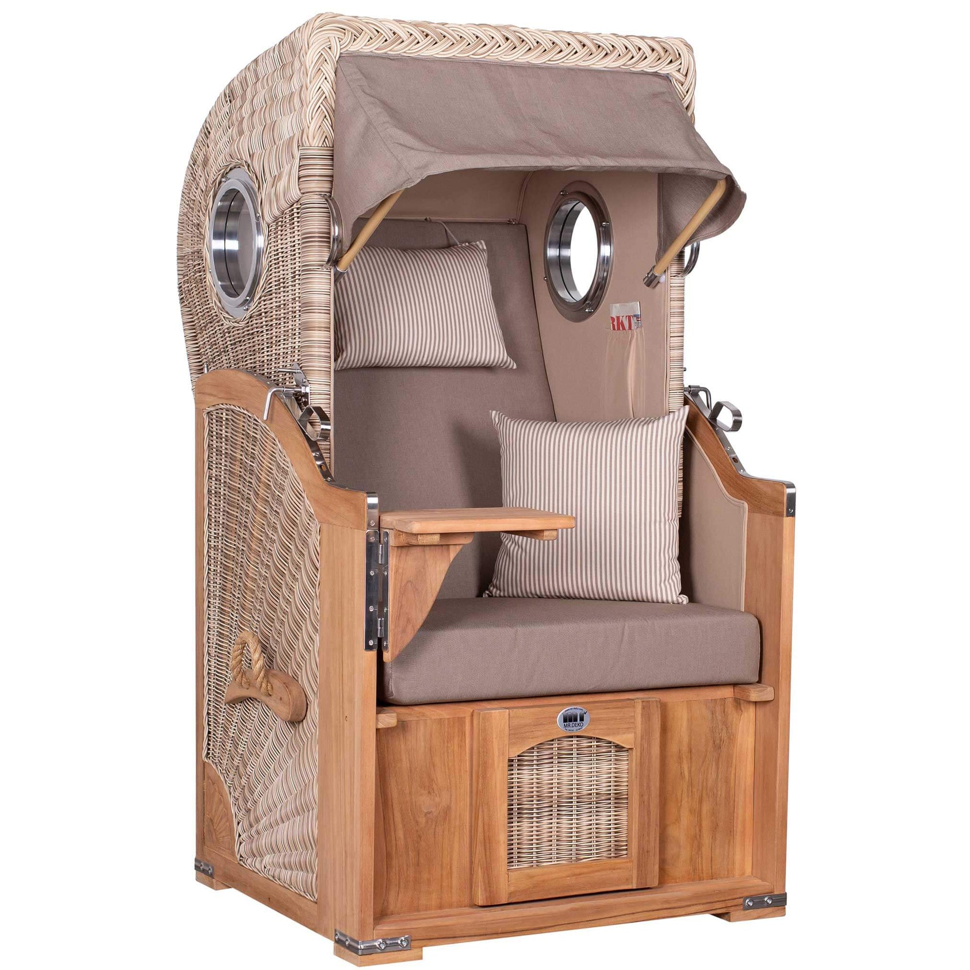 Strandkorb Mr. Deko Düne 1-Sitzer aus Teak mit Bullaugen und PE-Geflecht shell, maritimer Premium-Strandkorb für Terrasse
