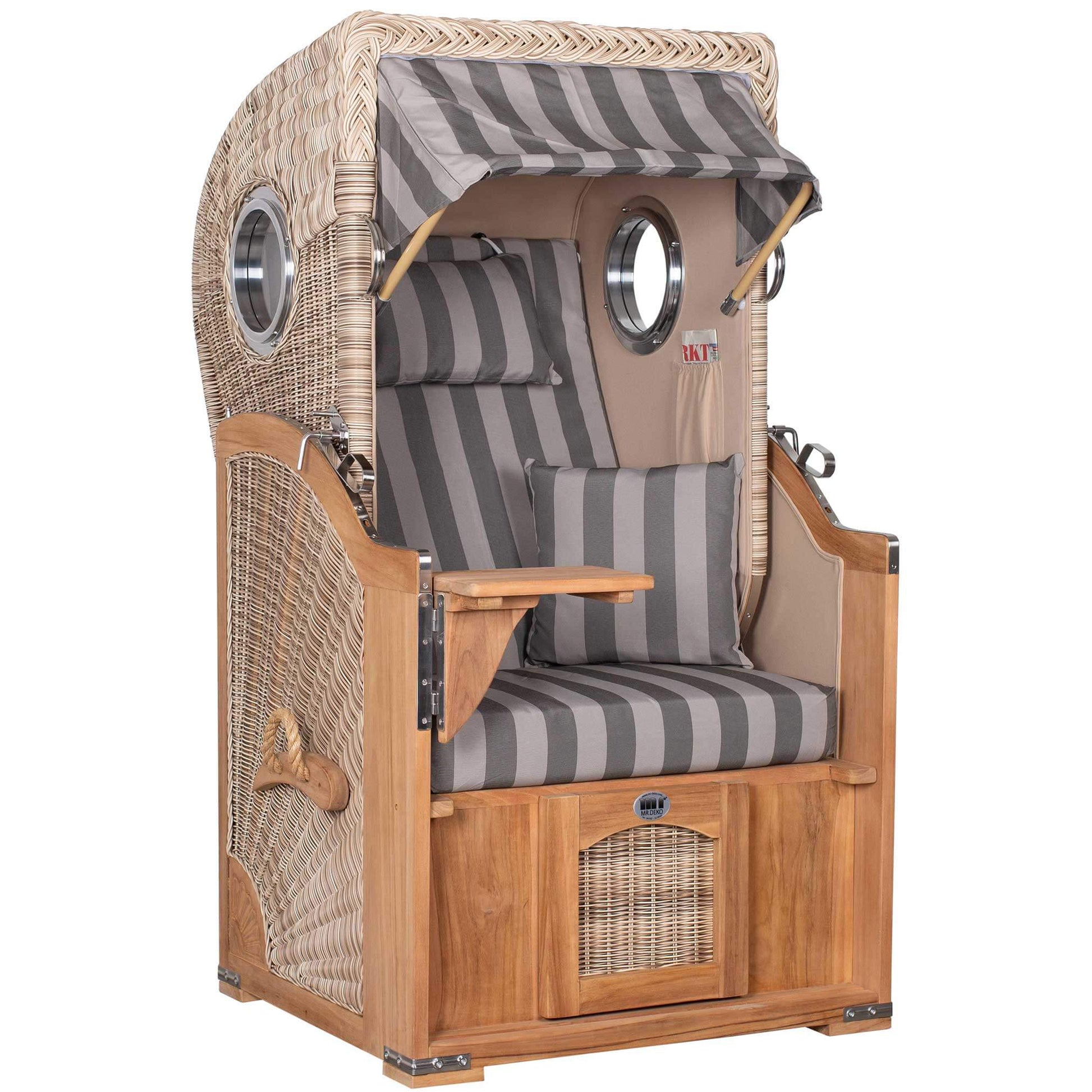 Strandkorb Mr. Deko Düne Bullaugen Teak PE-shell 1-Sitzer mit gestreiften Polstern in Grau für kleine Terrassen